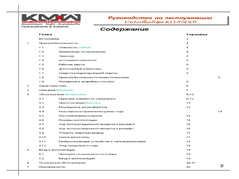 2 Руководство по эксплуатации Unterflurfräse KLUF300S Содержание  Глава     Страница